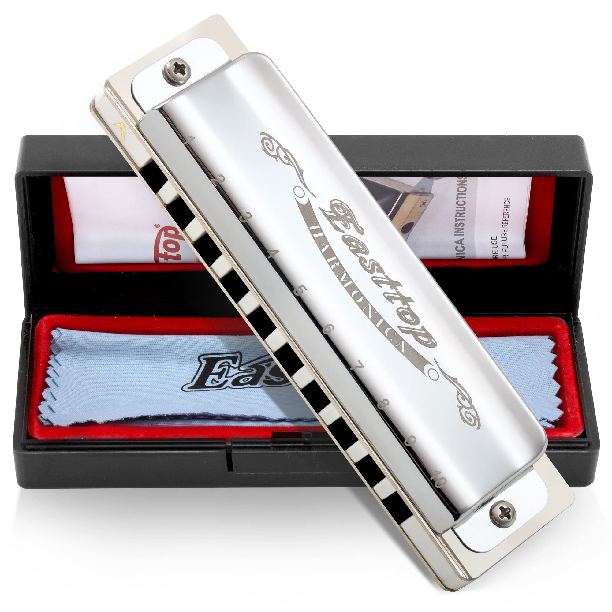 East top Harmonica, Diatonic Blues Harmonica,Major 12 Keys Available, 10 Holes Blues Harp Diatonic Blues Mouth Organ T008, Silver Harmonica For Adults, Professional Player and Students(T008) - Easttop harmonica