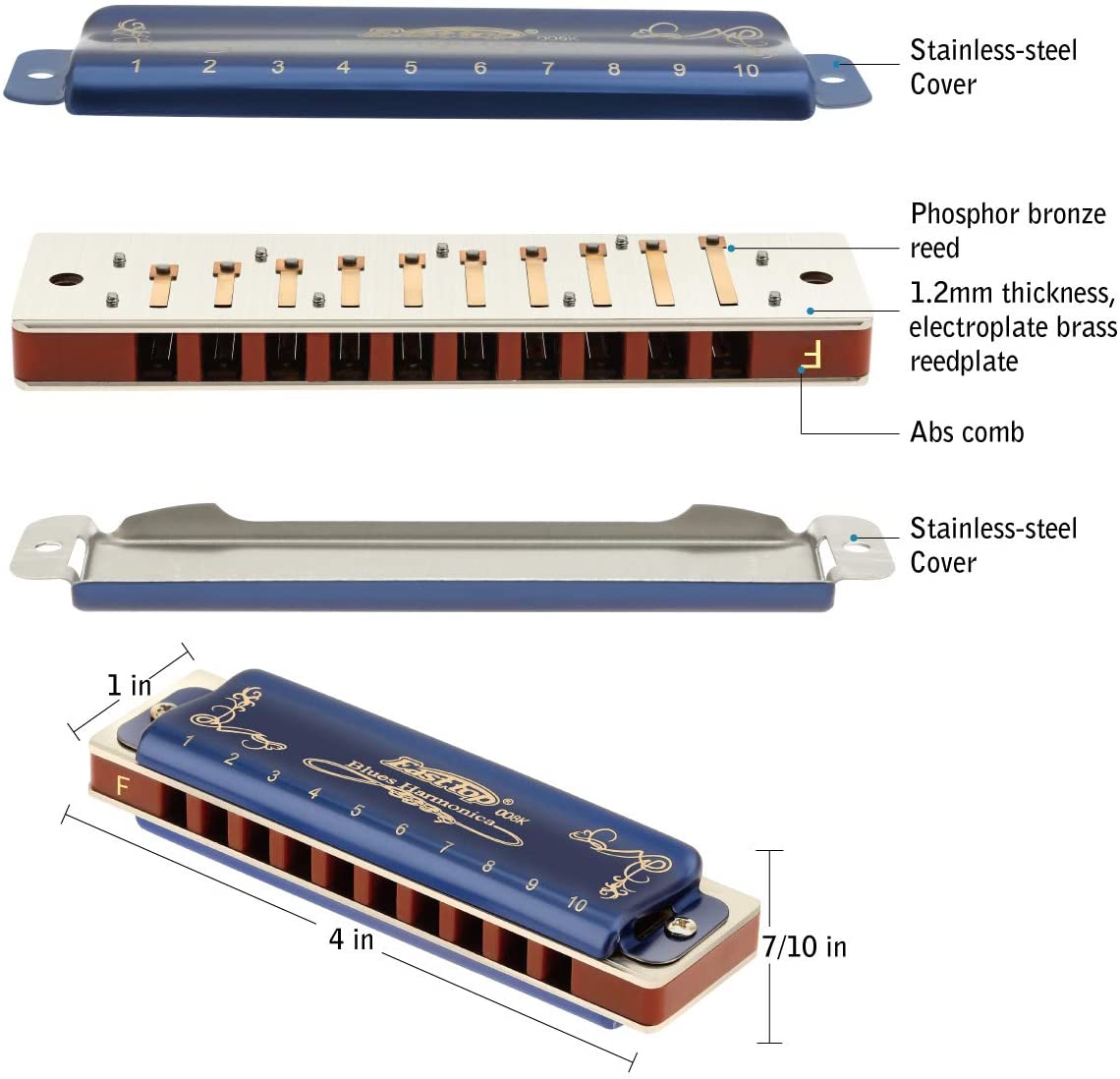 East top Mondharmonica in C, 10 Holes Blues harp Diatonische mondharmonica C, mondharmonica in C voor volwassenen, beginners, professionals en studenten (zilvergrijs East top Mondharmonica in C, 10 Holes Blues harp Diatonische mondharmonica C, mondharmonica in C voor volwassenen, beginners, professionals en studenten (zilvergrijs
