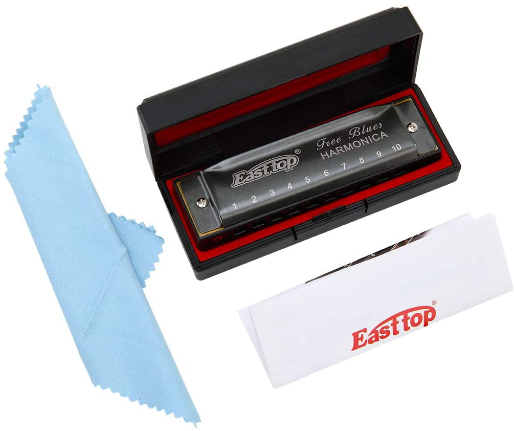 EASTOP Harmonica 10 Fori Chiave C ARGENTO/ORO Con Custodia Arpa Blues - Foto 5