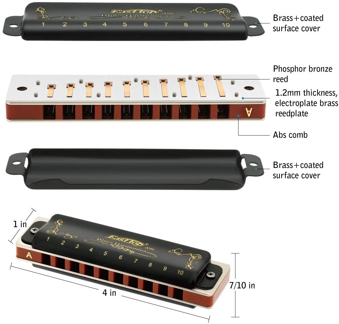 East top 10 Holes 20 Tones 008K Blues Professional Diatonic Blues Harmonica key of Paddy C, Harmonica for Adults, Professional Player and Students - Easttop harmonica store