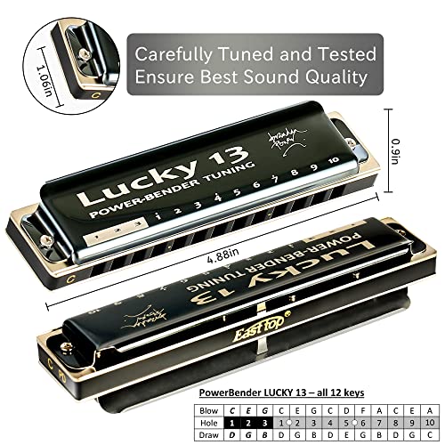 East top Lucky 13 Bass Plus Blues Harmonica 13 Holes Diatonic Harp Mouth Organ Professional Musical Instruments PowerBender 12PACK WITH CASE for Adults （L13-PowerBender-12） - Easttop harmonica