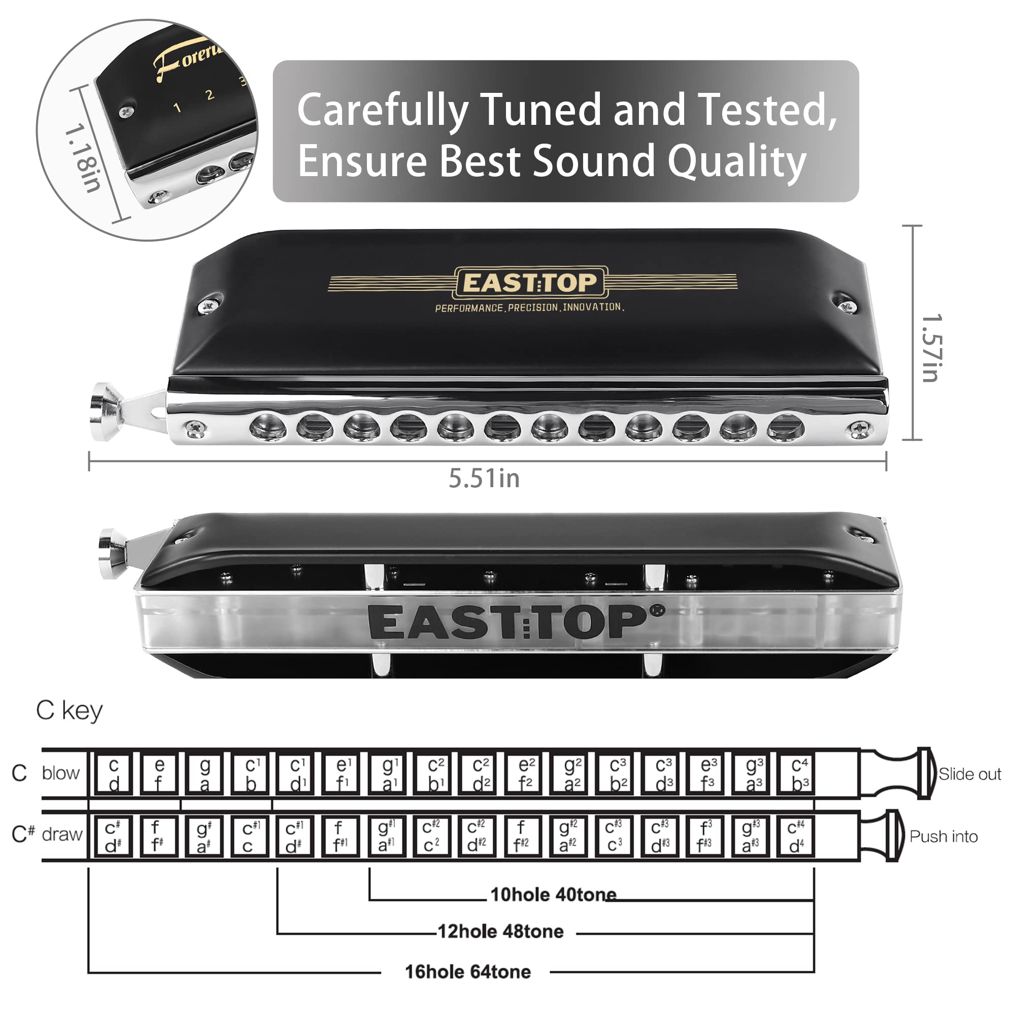 EAST TOP Updated FORERUNNER 2.0 without valves Chromatic Harmonica 12-Hole 48 Tones C Key Chromatic Mouth Organ Harmonica for Adults,Beginners and Students - Easttop harmonica