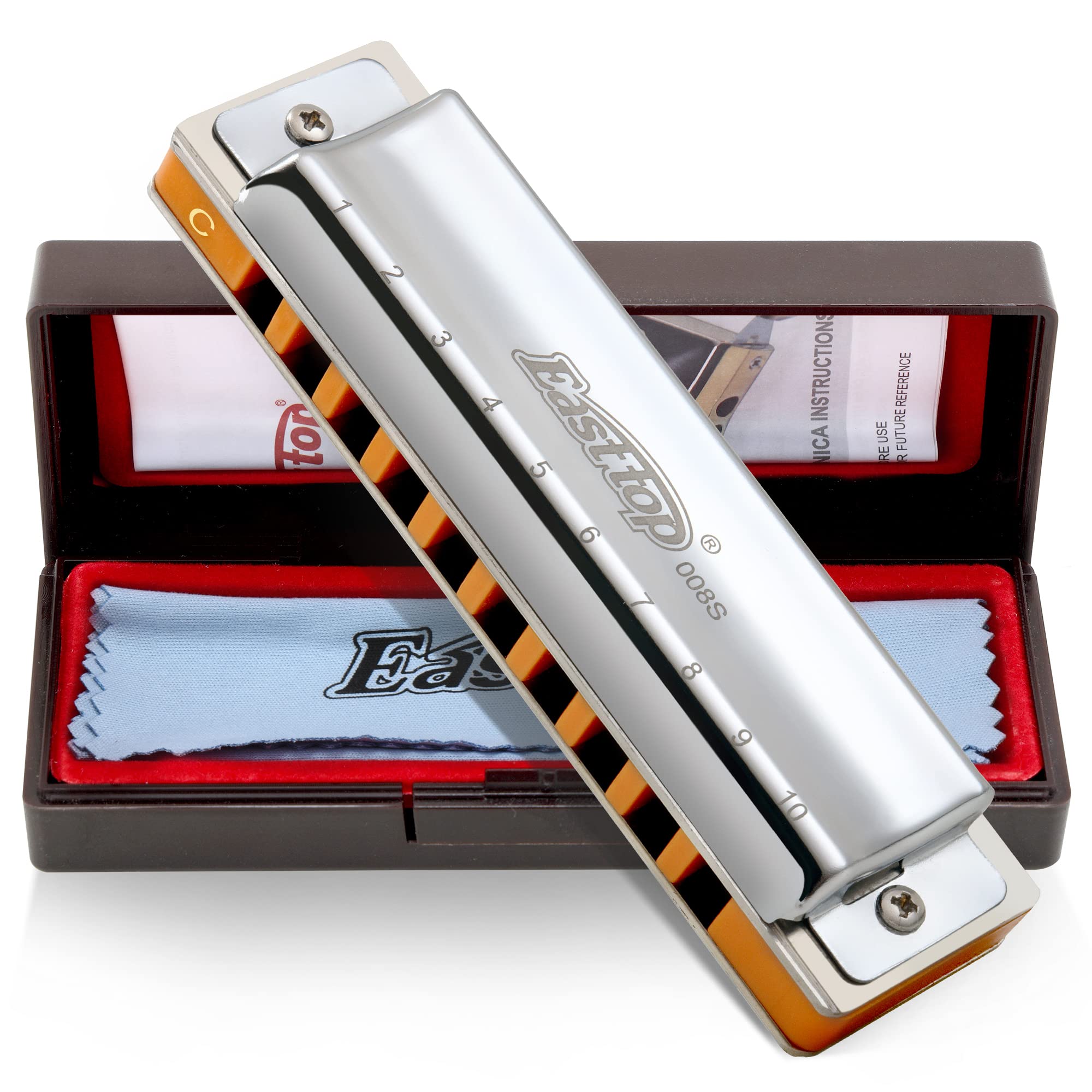 East top 10 Holes Professional Diatonic Blues Harmonica Key of A with Silver Cover, Probgrade Harmonicas For Adults, Professional Player and Students(T008S) - Easttop harmonica