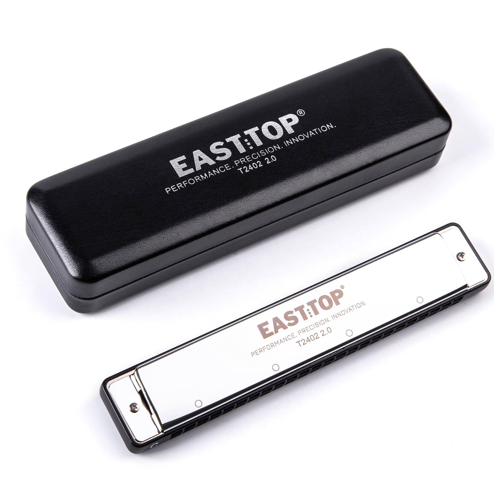 EAST TOP Harmonica, Tremolo Harmonica in Key of C, 24 Holes, Blues Instrument for Folk and Country Music, Professional-Grade, Stainless Steel, Includes Leather Case and Cleaning Cloth, High Airtightness, for Beginners and Advanced Players,(T2402 2.0)