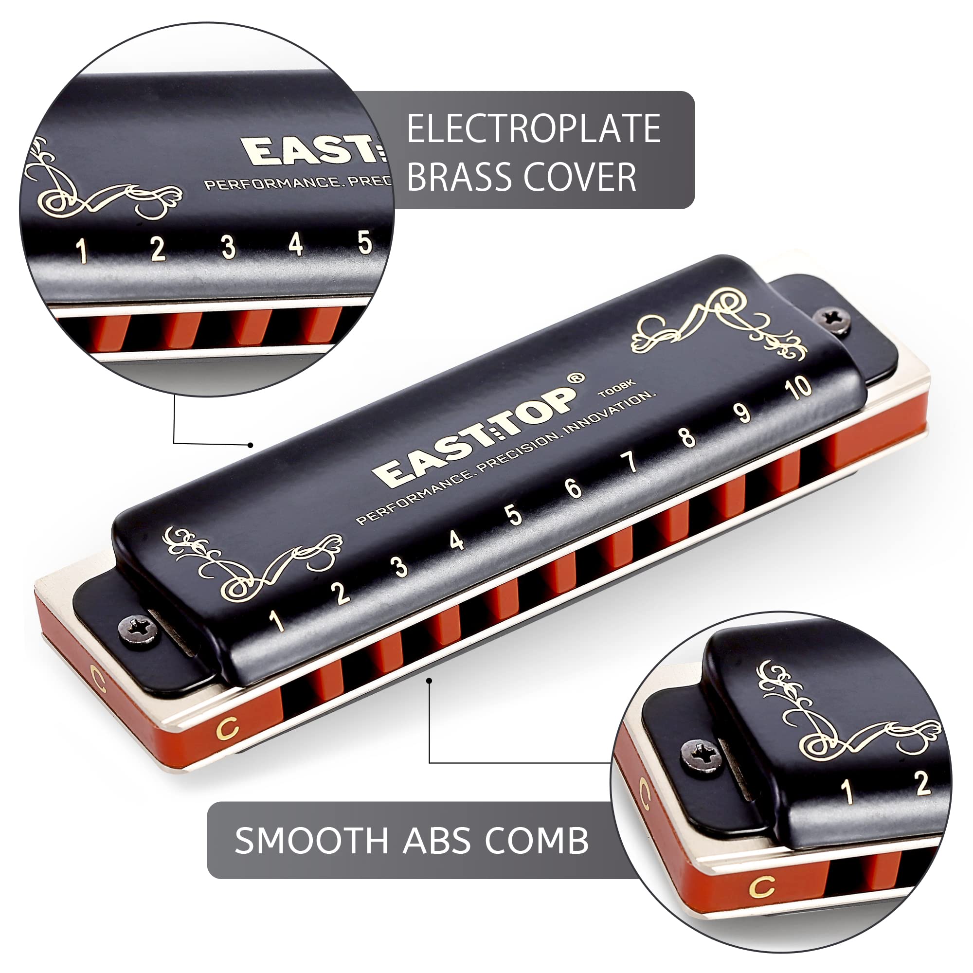 East top 10 Holes 20 Tones Professional Blues Diatonic Harmonica C Key, Updated harmonica for Adults, Professional Player, Beginner and Students(T008K-BK-C-N) - Easttop harmonica