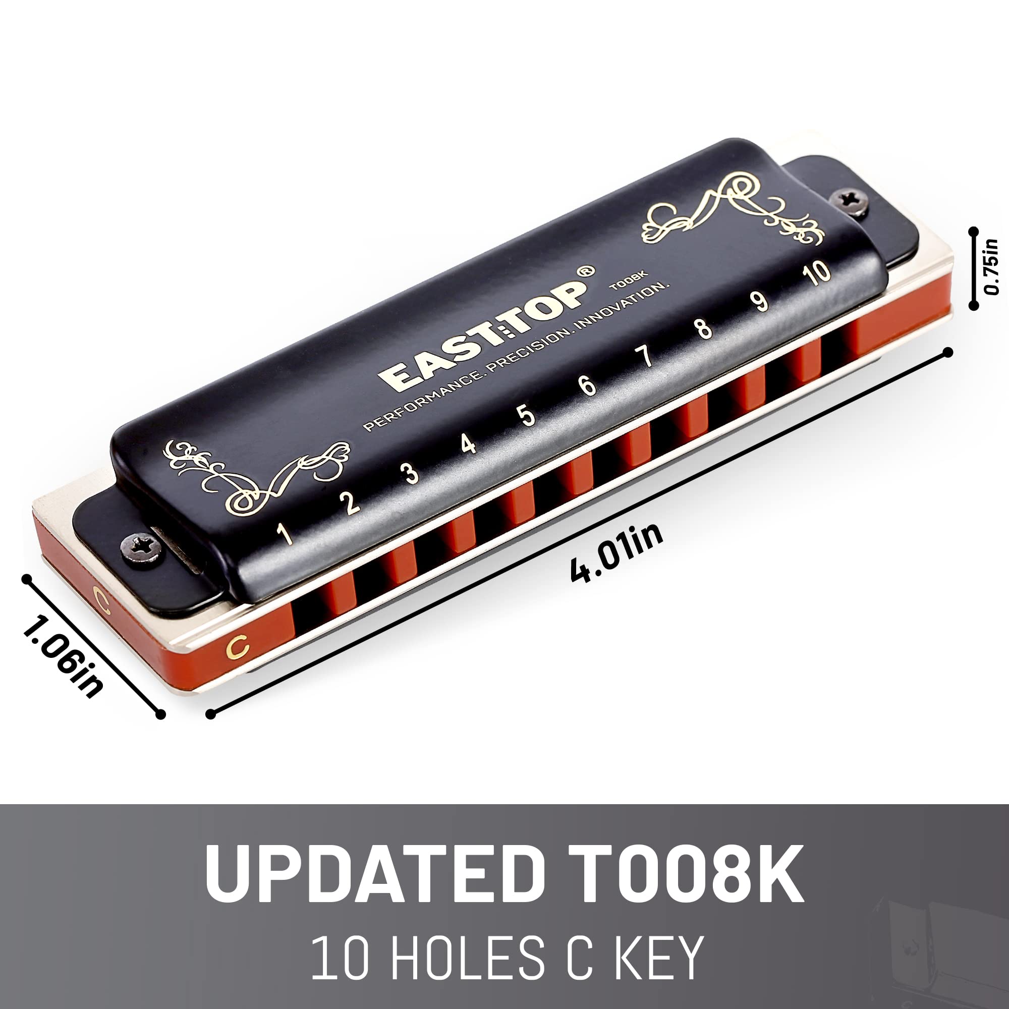East top 10 Holes 20 Tones Professional Blues Diatonic Harmonica C Key, Updated harmonica for Adults, Professional Player, Beginner and Students(T008K-BK-C-N) - Easttop harmonica