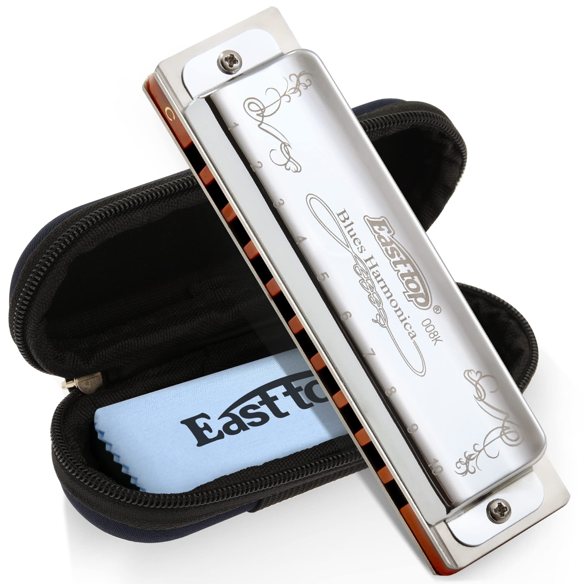 East top 10 Holes 20 Tones 008K Diatonic Harmonica  with Blue/Black/Sliver Case, Major 12 keys available,Standard Harmonicas For Adults, Professional Player, Beginner and Students（T008K-BL/BK/SR）