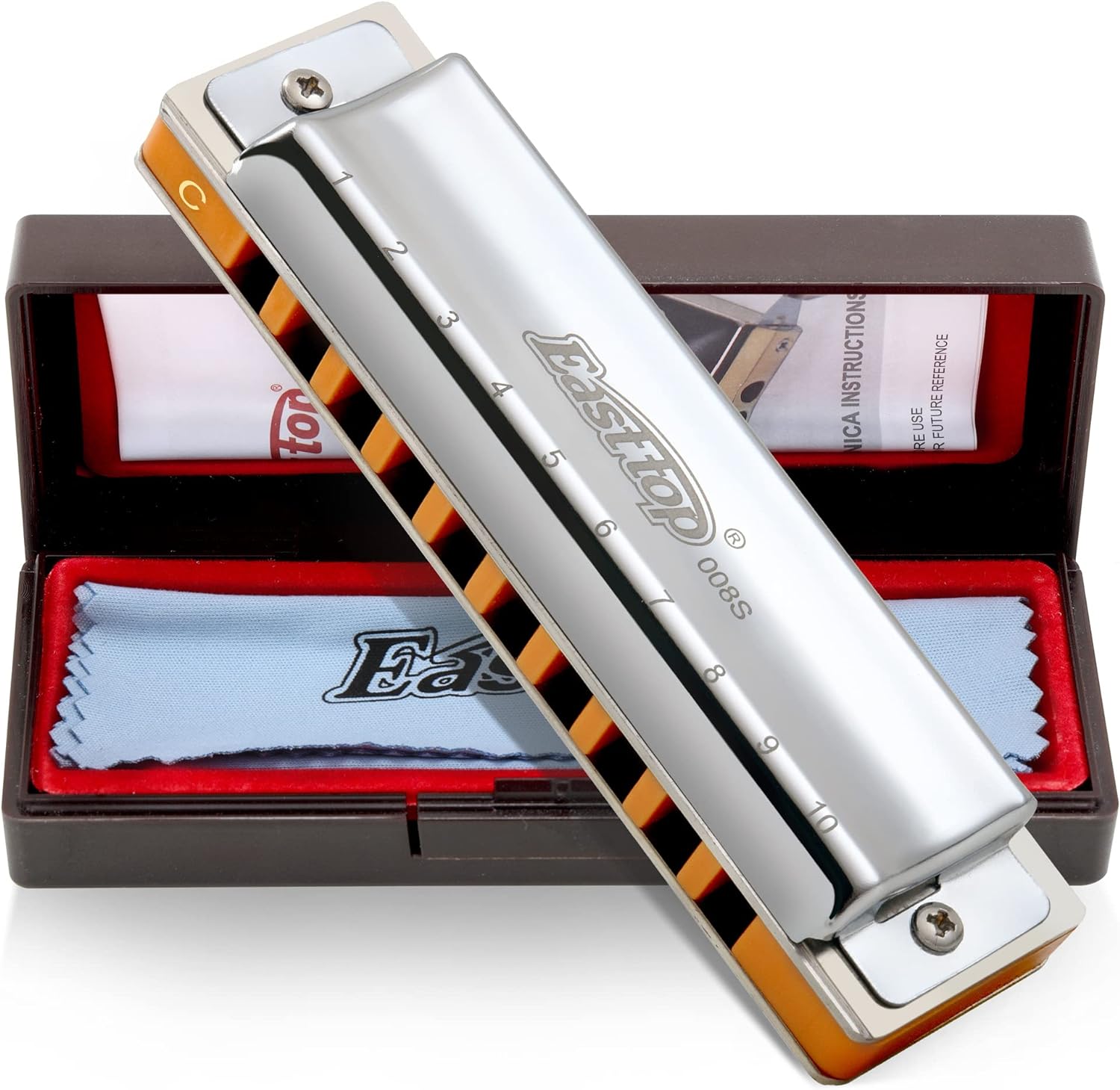 East top Harmonica, Advanced Diatonic Harmonica Key of C, 10 Holes Blues Harp Mouth Organ Harmonica with Silver Cover, Blues Harmonicas For Adults, Professionals and Students(T008S)
