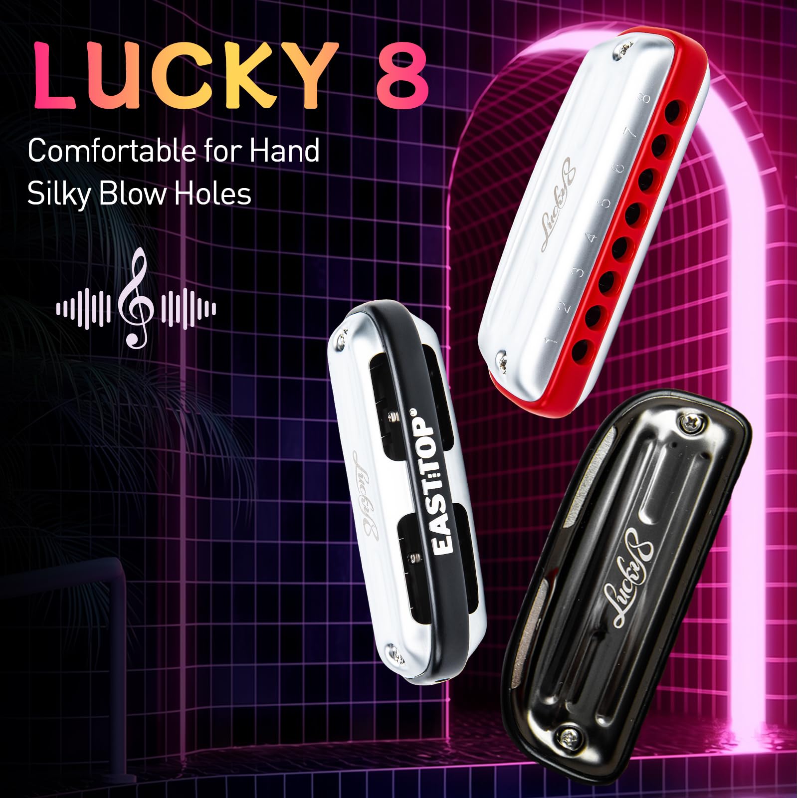 East Top 8-Hole Blues Harmonica In C Key - Diatonic Mouth Organ For Beginners & Pros (Red)