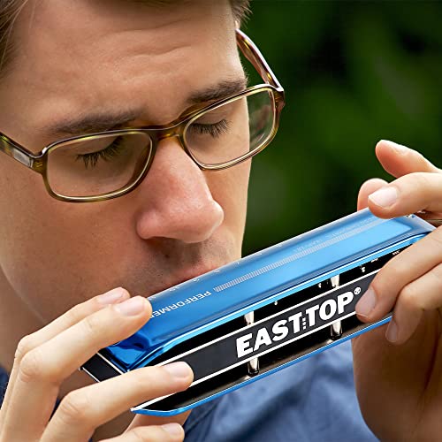 East top Chromatic Harmonica 16 Hole 64 Tone Key of C, Professional Mouth Organ Advanced Harmonica For Adults, Students and Harmonica Lovers with Blue Cover (EAP-16) - Easttop harmonica