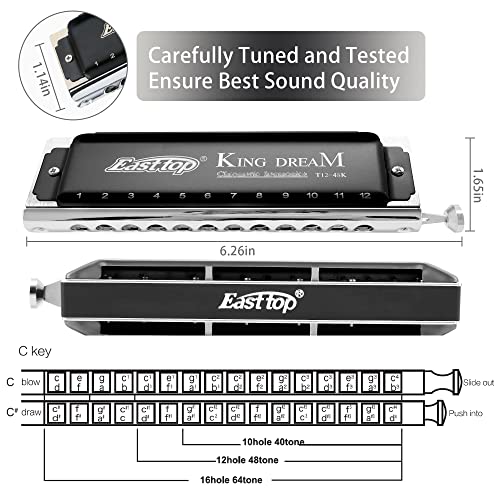 East top King Dream Chromatic Harmonica Key of C,12 Holes 48 Tones Professional Mouth Organ Harmonica for Adults, Professionals and Students (48K) - Easttop harmonica