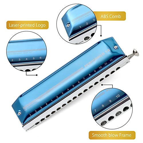 East top Chromatic Harmonica 16 Hole 64 Tone Key of C, Professional Mouth Organ Advanced Harmonica For Adults, Students and Harmonica Lovers with Blue Cover (EAP-16) - Easttop harmonica