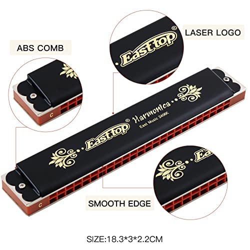 East top 24 Holes Tremolo Harmonica Key of C, Tremolo Mouth Organ Harmonica for Adults, Professionals and Students (T2406K-C) - Easttop harmonica