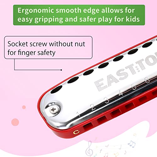 East top Junior Blues Harmonica, 10 Holes C Key Diatonic Harmonica Mouth Organ for Beginner,Kids,Children,Students,Gift,with Smoothly Rounded Edge and Fabric Cloth Pouch, Red - Easttop harmonica