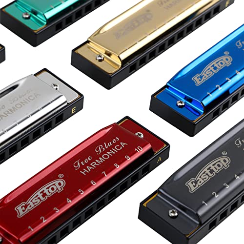 East top Harmonica Set of 7,10 Holes Blues Harp Diatonic Mouth Organ Harmonica Set with 7 keys, A, B, C, D, E, F, G key for Adults, Band Player and Students, as Gift(T003-7) - Easttop harmonica