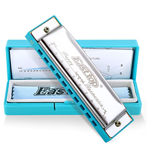 East top Blues Harmonica, Diatonic 10 Holes C Key Happy Harmonica Mouth Organ for Beginner,Kids,Children,Students,Gift,with Carrying Plastic Case,Clean Cloth and Manual - Easttop harmonica