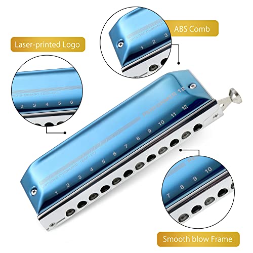 East top Upgrade Chromatic Harmonica 12 Hole 48 Tone Key of C, Chromatic Mouth Organ Harmonica For Adults,Students and professionals with Blue Cover (EAP-12) - Easttop harmonica