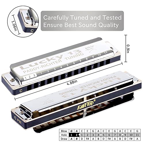 East top Lucky 13 Bass Plus Blues Harmonica 13 Holes Diatonic Harp Mouth Organ Professional Musical Instruments PaddyRichter C Key harmonica for Adults - Easttop harmonica