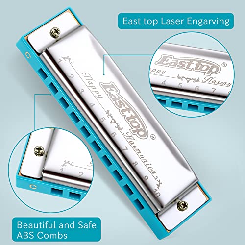 East top Blues Harmonica, Diatonic 10 Holes C Key Happy Harmonica Mouth Organ for Beginner,Kids,Children,Students,Gift,with Carrying Plastic Case,Clean Cloth and Manual - Easttop harmonica