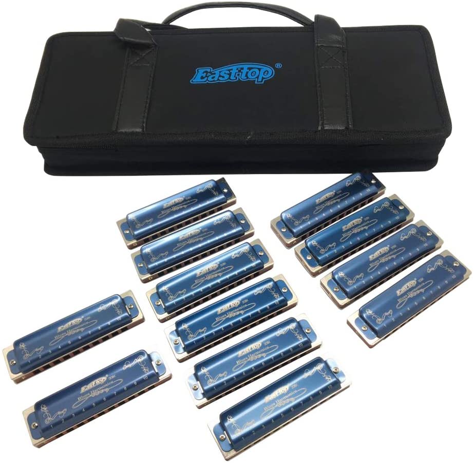 East top 7-Pack 10 Holes 20 Tones 008K Professional Diatonic Blues Harmonicas, 7 Keys Blues Harmonica for Adults with Black Case as Gift (7) - Easttop harmonica store