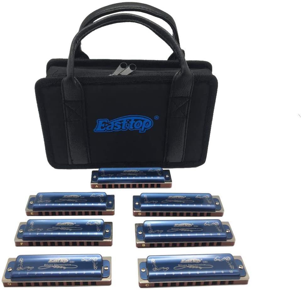 East top 7-Pack 10 Holes 20 Tones 008K Professional Diatonic Blues Harmonicas, 7 Keys Blues Harmonica for Adults with Black Case as Gift (7) - Easttop harmonica store